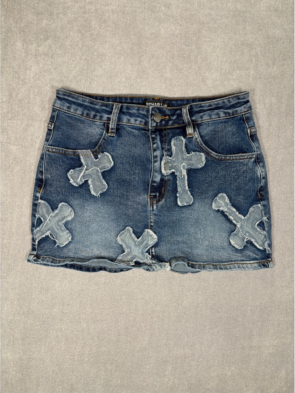 Rehab Lab Y2K Denim Cross Applique Mini Skirt Women’s Size M